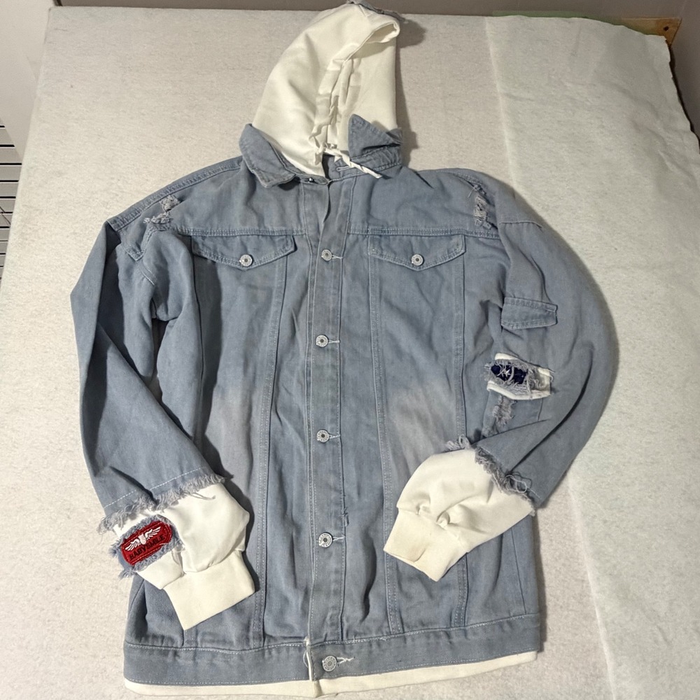 Babysmile Stray Kids K-Pop Distressed Denim Jacket Hooded Light Wash Blue Large